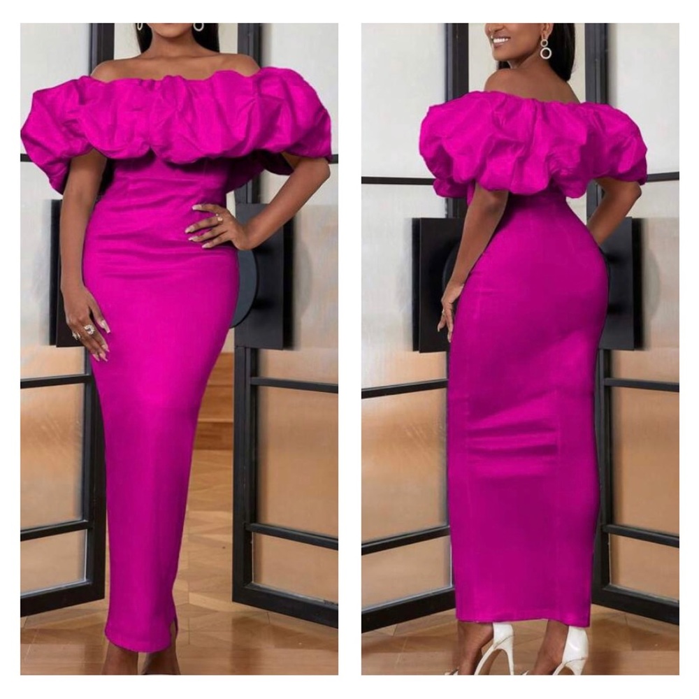 Hot Pink Off-Shoulder Ruffle Bodice Long Elegant Formal Dress